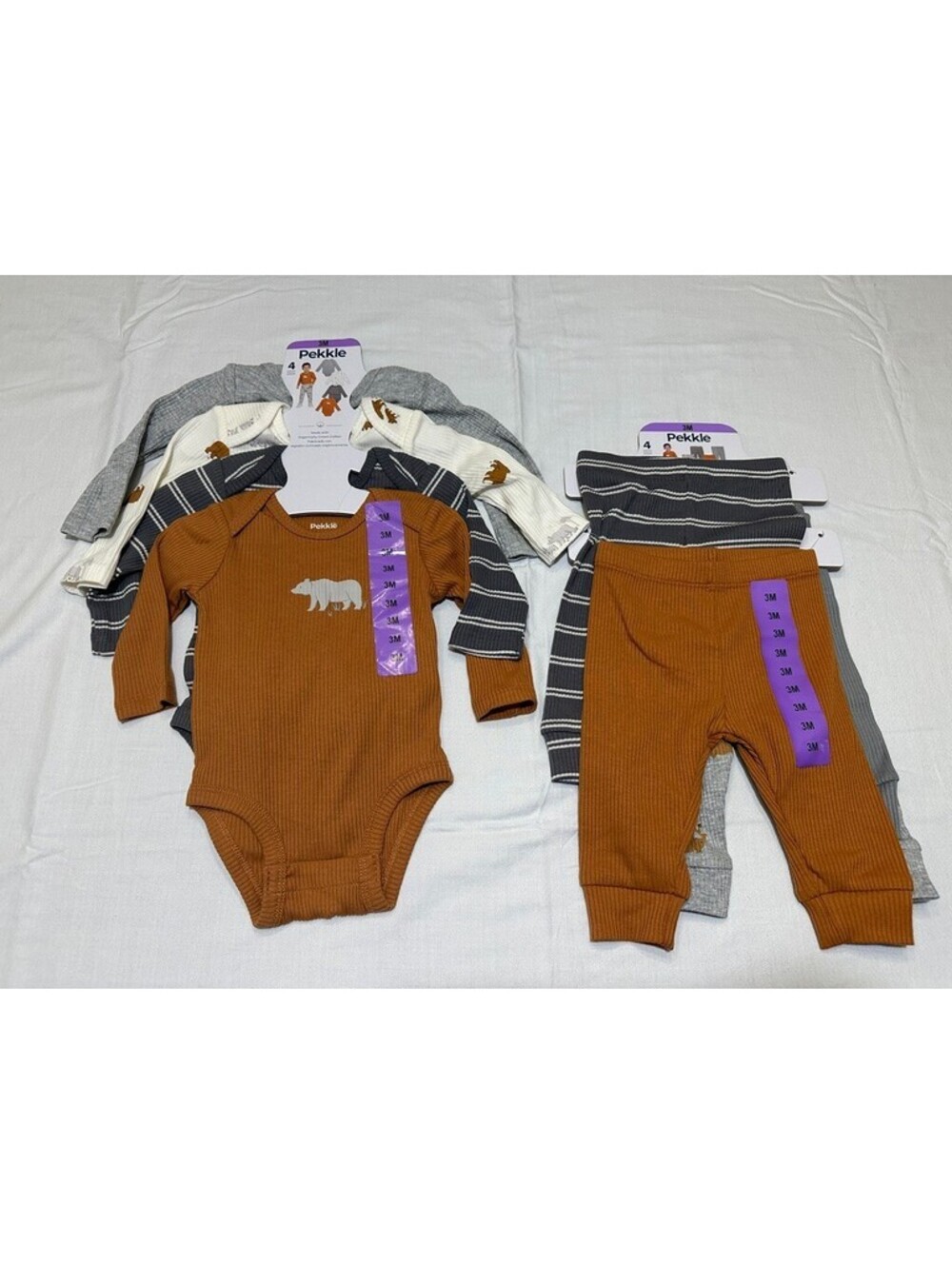 Lot of 8 Pekkle Baby Boy 3 Months 4 Body Suits 4 Pants Bear Theme